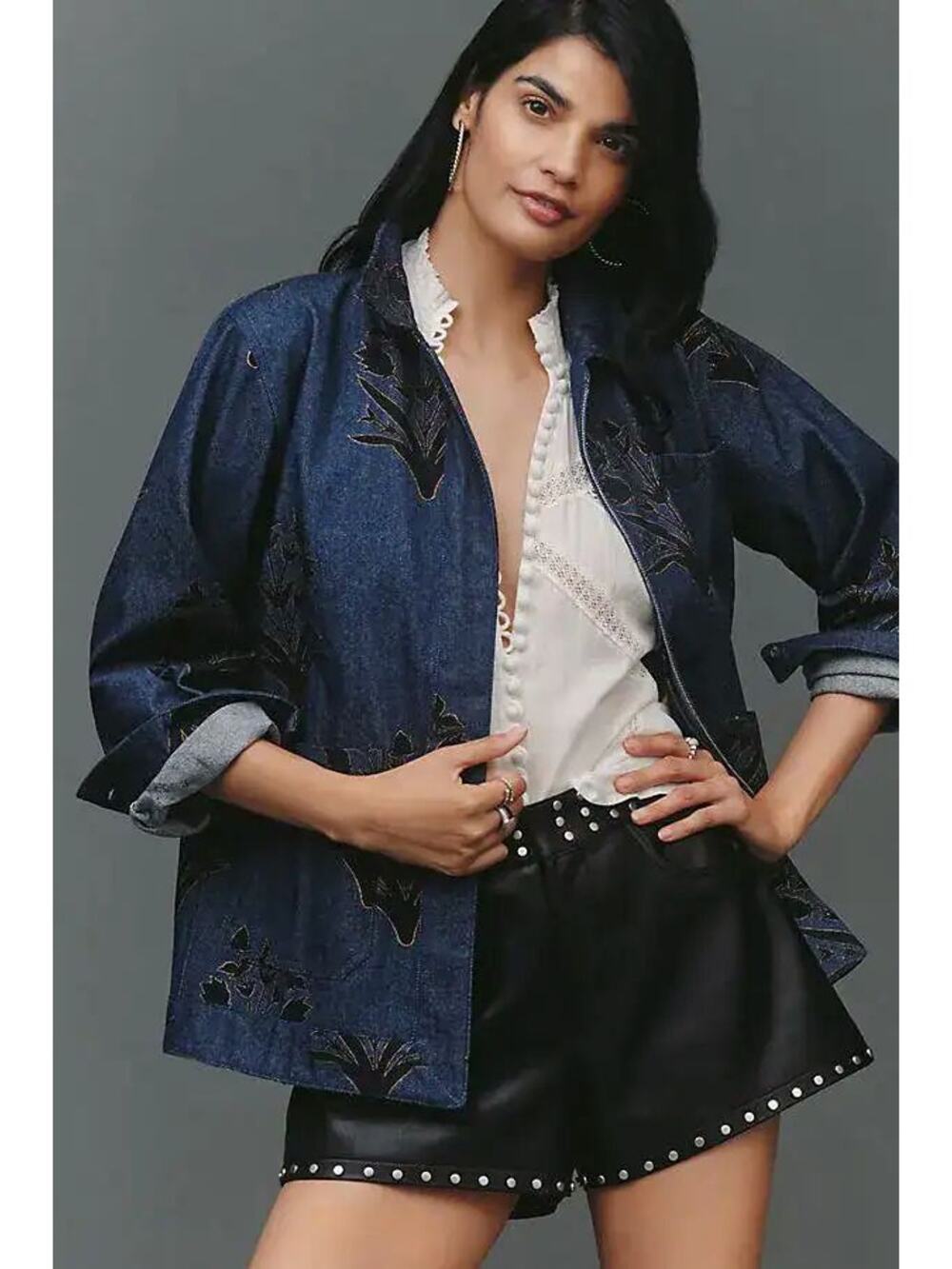 SZ BLOCKPRINTS floral denim open-front jacket XS/S New